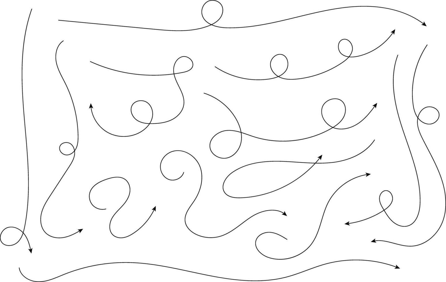 Hand drawn arrows. Hand drawn freehand different curved lines, swirls arrows. Curved arrow line. Doodle, sketch style. Isolated vector