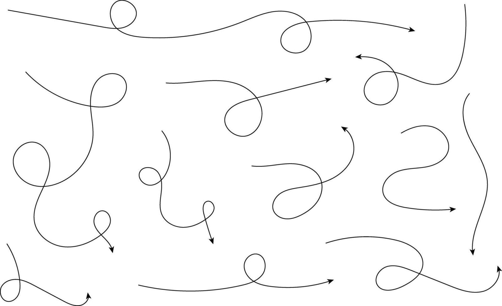 Hand drawn arrows. Hand drawn freehand different curved lines, swirls arrows. Curved arrow line. Doodle, sketch style. Isolated vector
