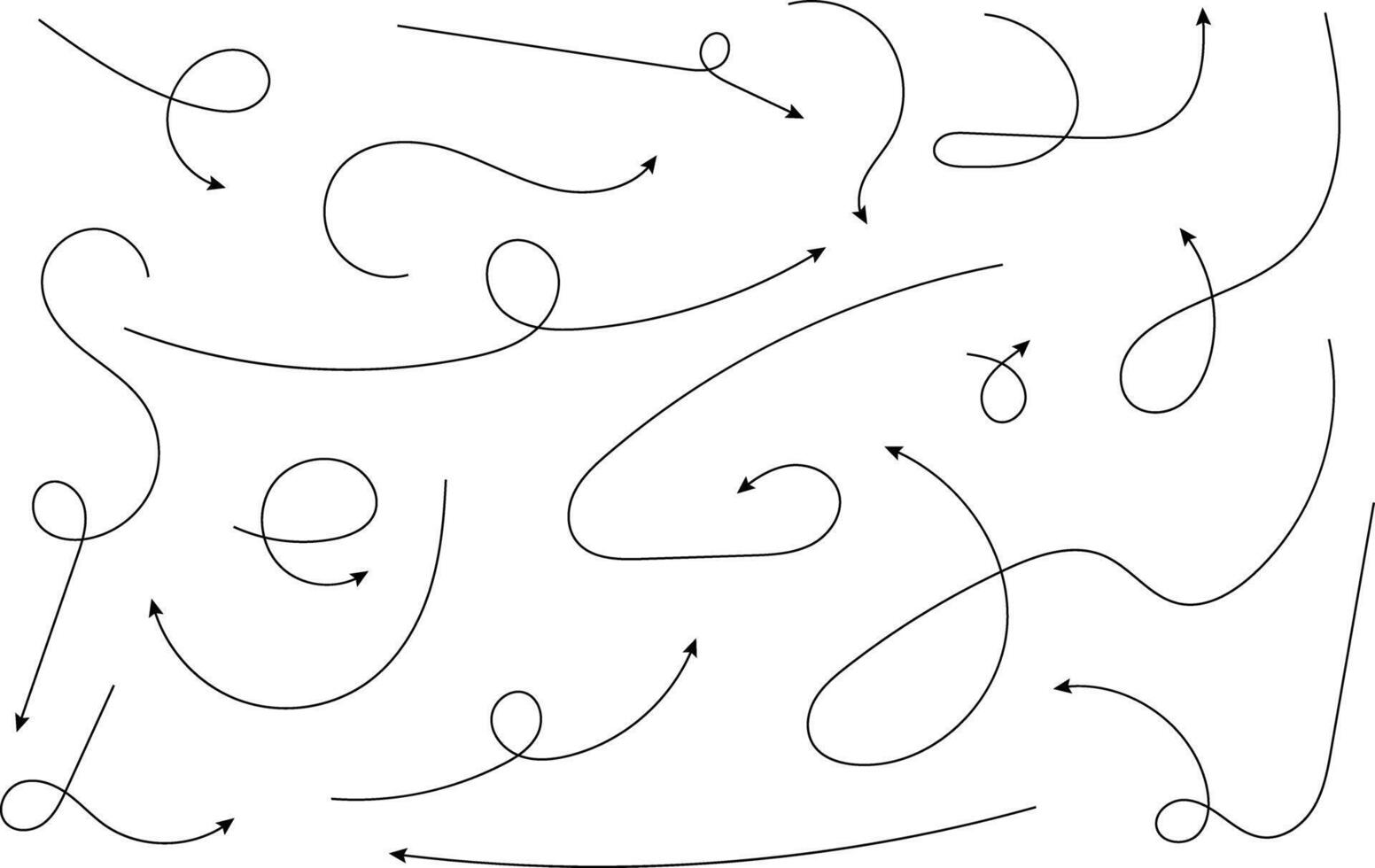 Hand drawn arrows. Hand drawn freehand different curved lines, swirls arrows. Curved arrow line. Doodle, sketch style. Isolated vector