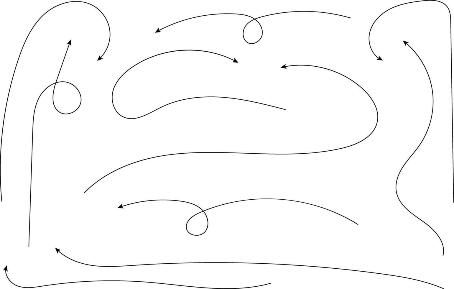 Hand drawn arrows. Hand drawn freehand different curved lines, swirls arrows. Curved arrow line. Doodle, sketch style. Isolated vector