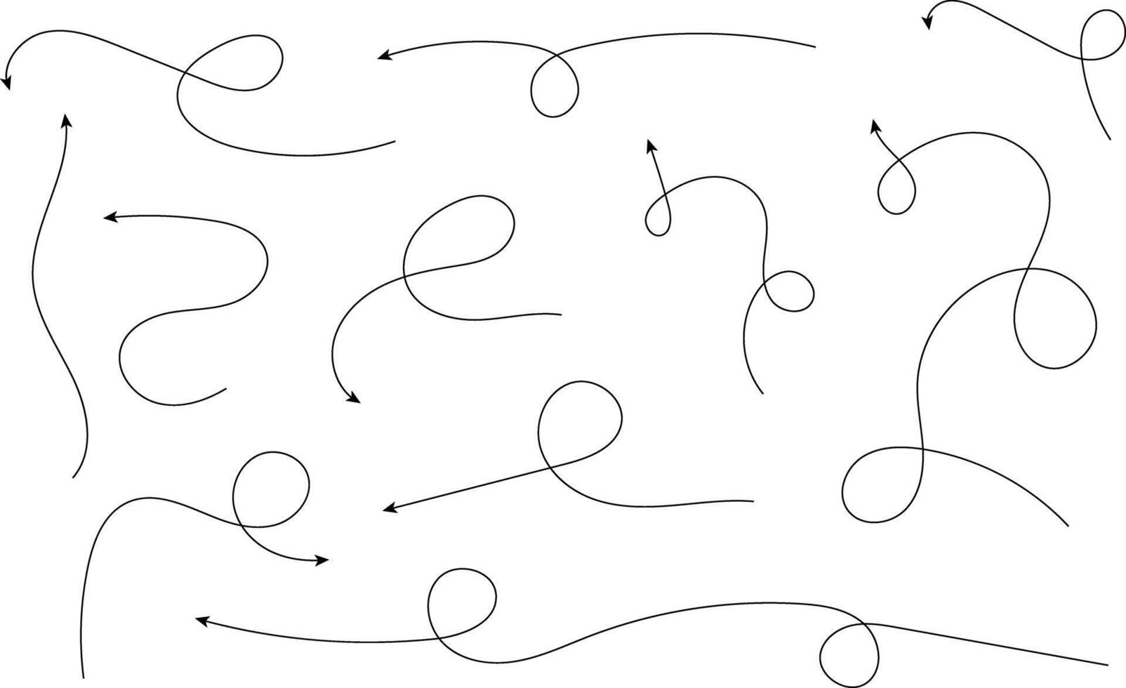 Hand drawn arrows. Hand drawn freehand different curved lines, swirls arrows. Curved arrow line. Doodle, sketch style. Isolated vector