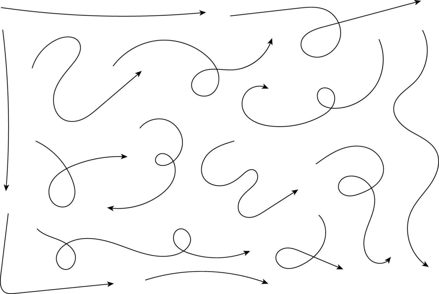 Hand drawn arrows. Hand drawn freehand different curved lines, swirls arrows. Curved arrow line. Doodle, sketch style. Isolated vector
