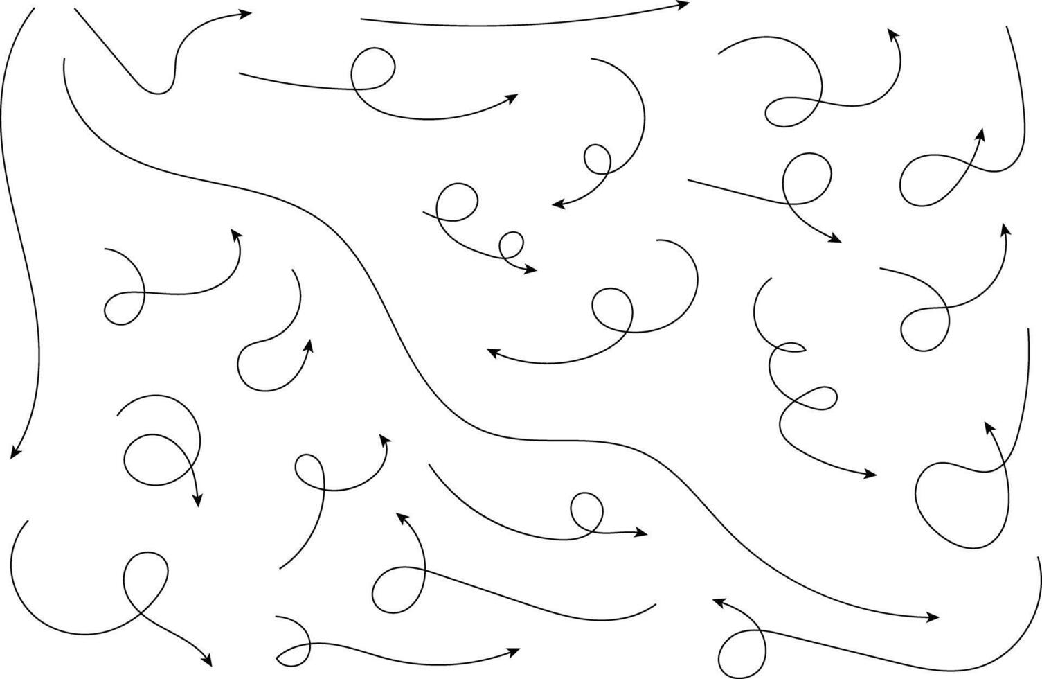 Hand drawn arrows. Hand drawn freehand different curved lines, swirls arrows. Curved arrow line. Doodle, sketch style. Isolated vector