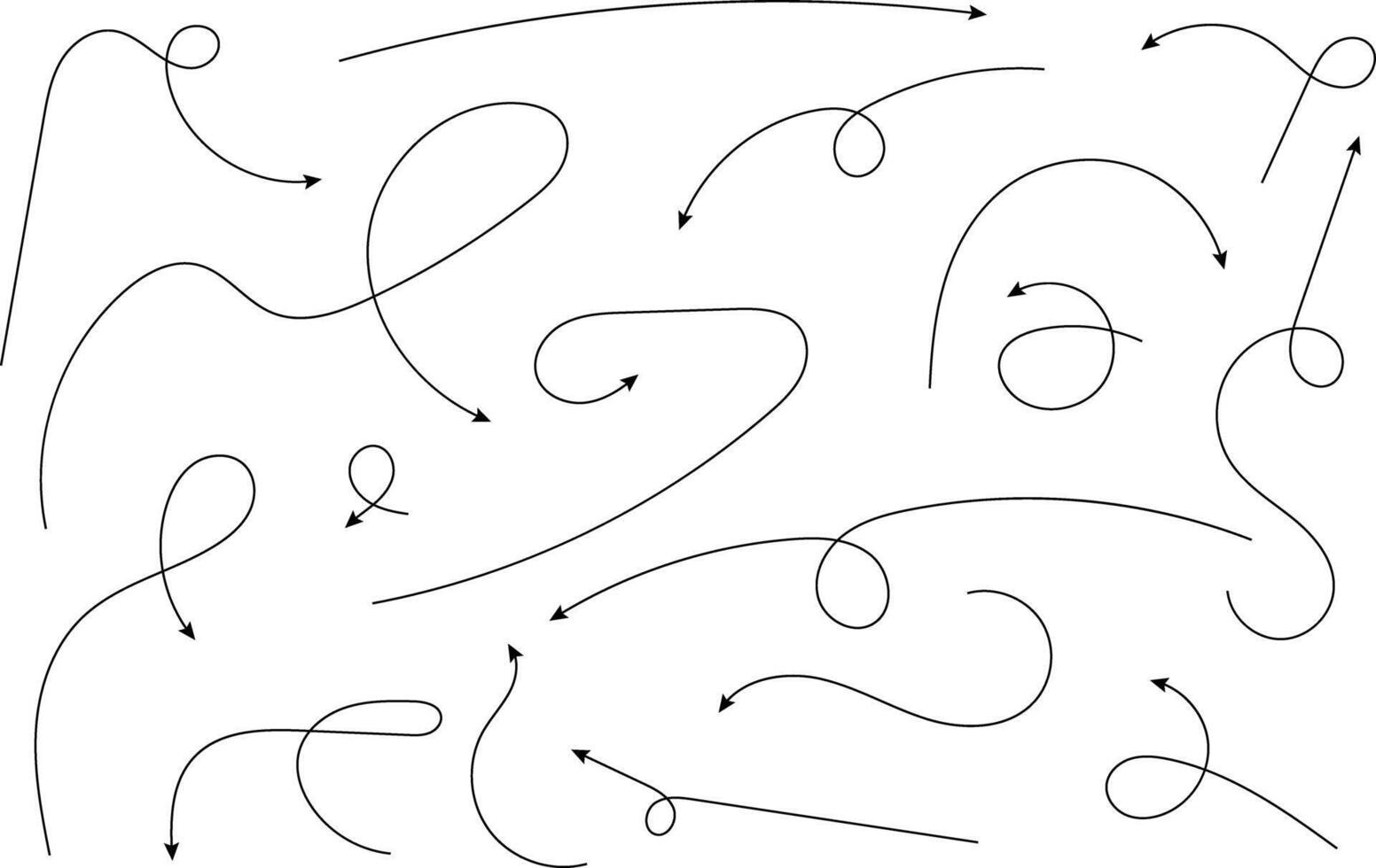 Hand drawn arrows. Hand drawn freehand different curved lines, swirls arrows. Curved arrow line. Doodle, sketch style. Isolated vector