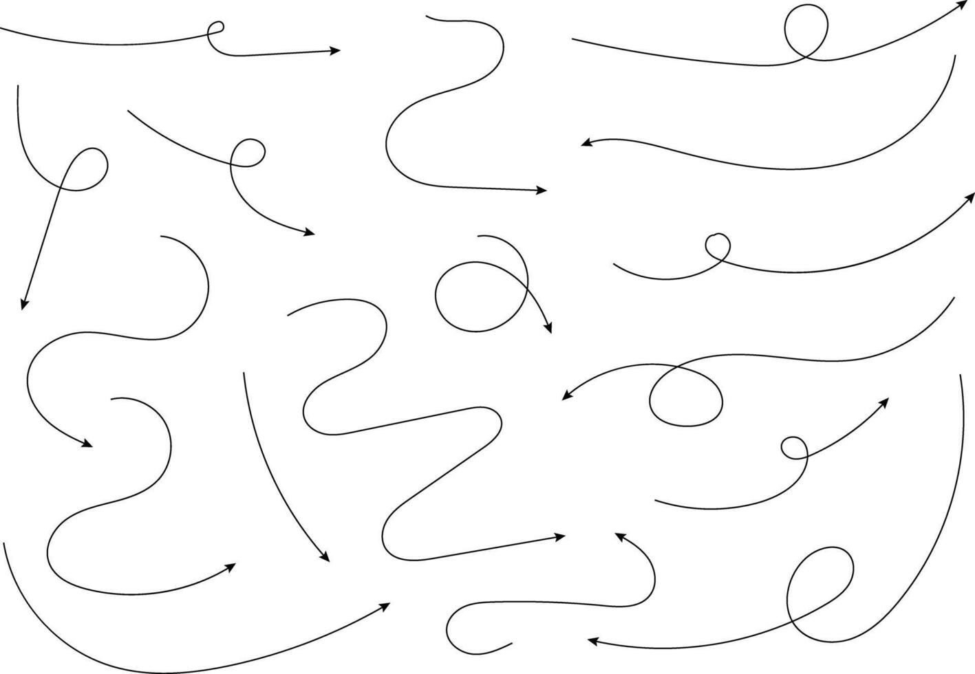 Hand drawn arrows. Hand drawn freehand different curved lines, swirls arrows. Curved arrow line. Doodle, sketch style. Isolated vector
