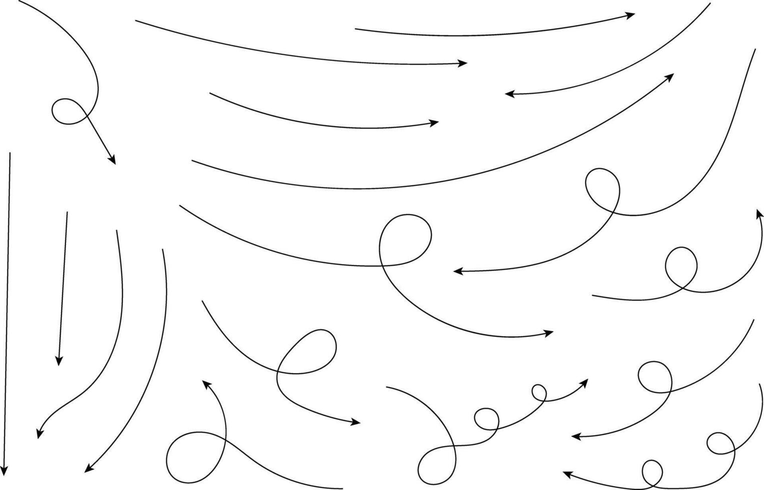 Hand drawn arrows. Hand drawn freehand different curved lines, swirls arrows. Curved arrow line. Doodle, sketch style. Isolated vector