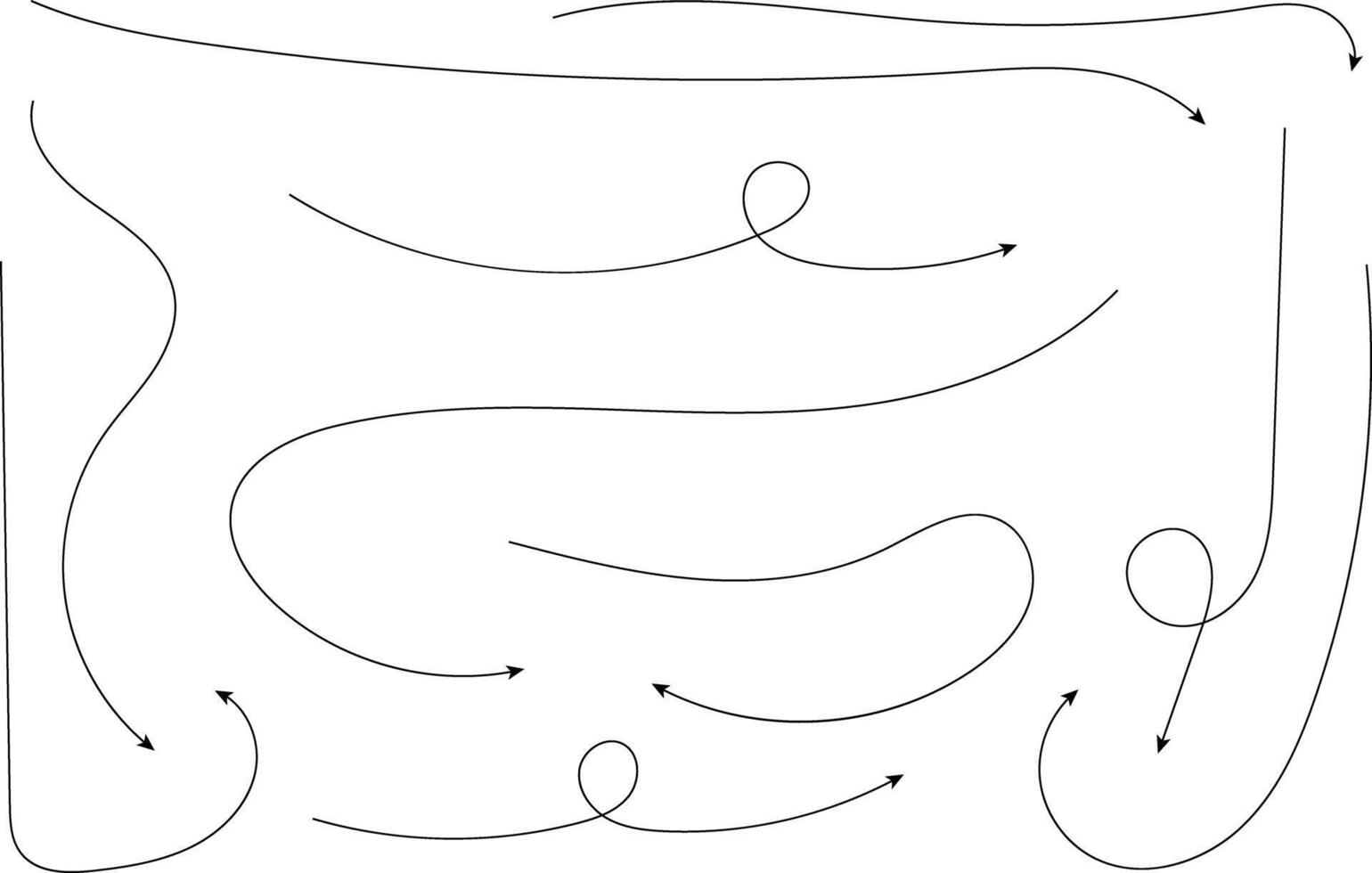 Hand drawn arrows. Hand drawn freehand different curved lines, swirls arrows. Curved arrow line. Doodle, sketch style. Isolated vector