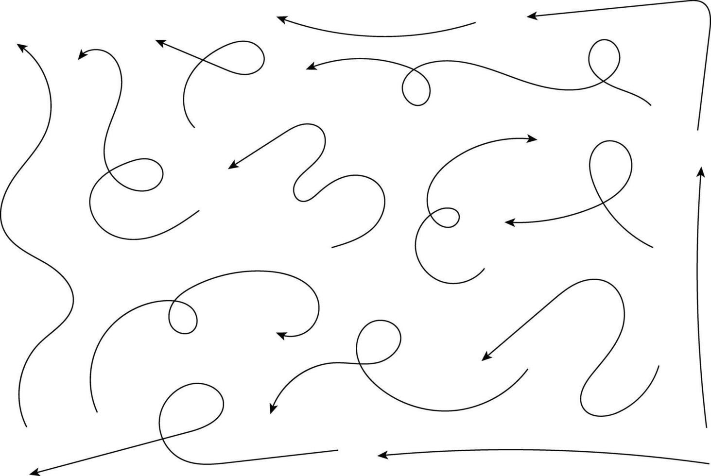 Hand drawn arrows. Hand drawn freehand different curved lines, swirls arrows. Curved arrow line. Doodle, sketch style. Isolated vector