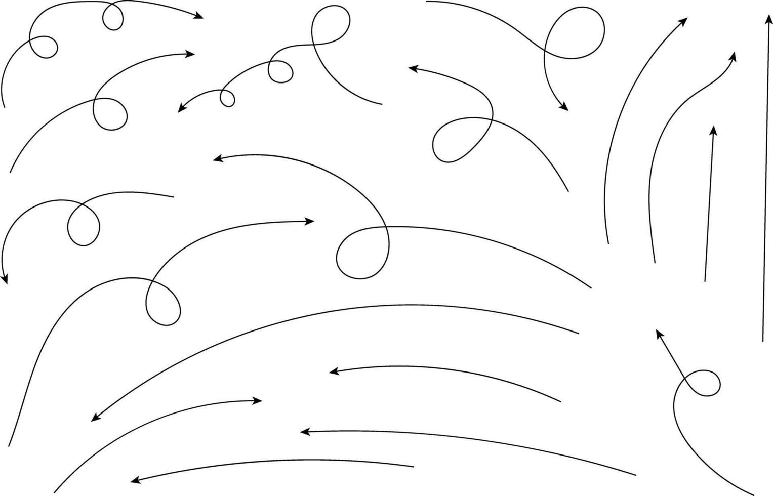 Hand drawn arrows. Hand drawn freehand different curved lines, swirls arrows. Curved arrow line. Doodle, sketch style. Isolated vector