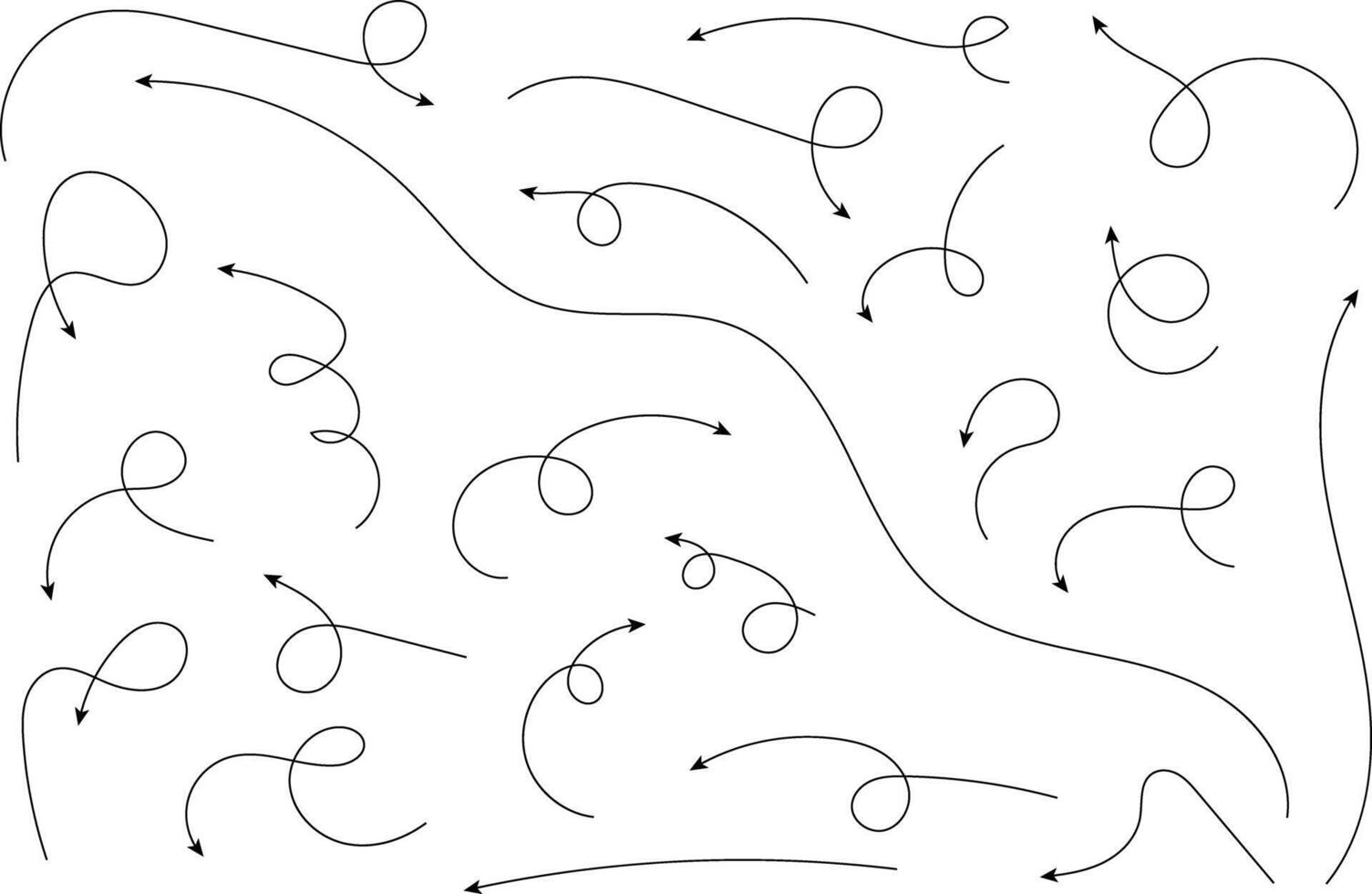 Hand drawn arrows. Hand drawn freehand different curved lines, swirls arrows. Curved arrow line. Doodle, sketch style. Isolated vector
