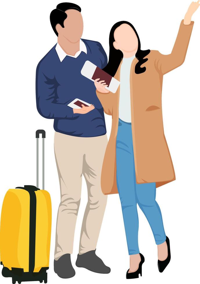 a man and woman are standing with a travel suitcase traveling concept illustration vector