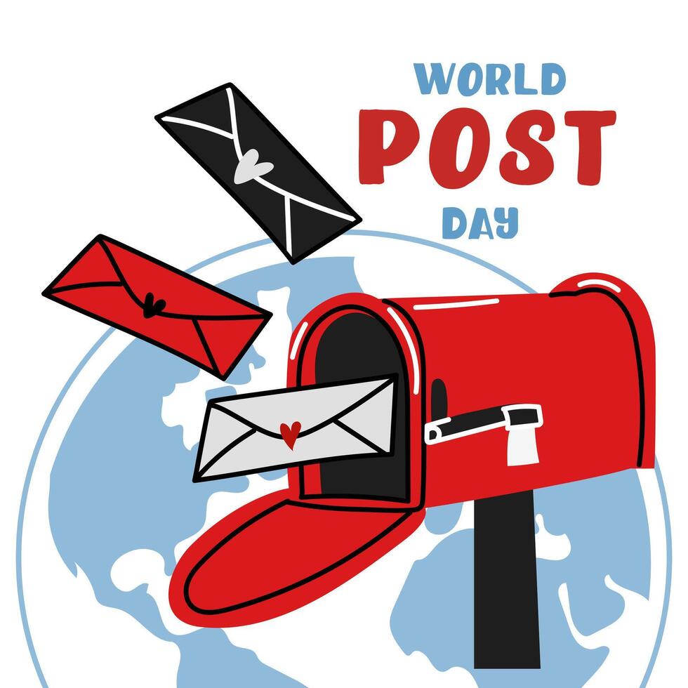 Post Day banner with post box mail box design illustration, World Post Day. World Mail Day. A square banner for the holiday. The red mailbox accepts mail, letters, parcels on the blue earth map vector