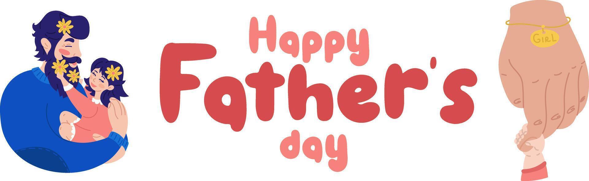 background with happy fathers day, web banner, poster. Dad holds a girl in his arms with flowers in her hair. Warm hugs, love, tenderness. A large hand with a bracelet holds a small one. Pink vector