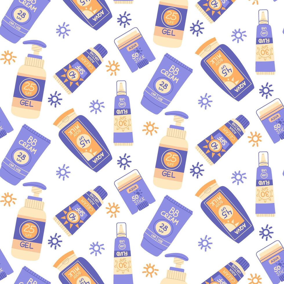 A pattern of bottles with SPF protection and doodle drawings. Protection from sunlight. Products for the face and body. Various cosmetics BB, milk, fluid, stick. The texture of the various vials vector