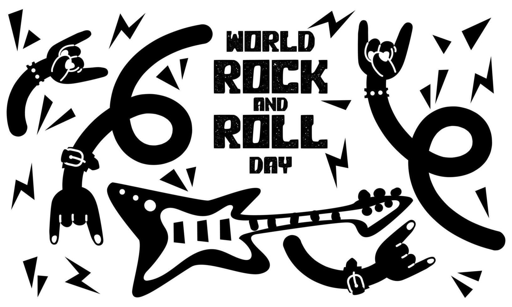 Banner with a lot of rocker's hands with a bracelet with spikes, guitar and horns, a greeting sign in honor of Rock Day on April 13. Curved black arms and zippers on white. Inscription the holiday. vector