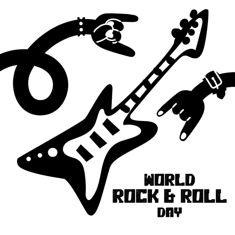 Banner with a lot of rocker's hands with a bracelet with spikes, guitar and horns, a greeting sign in honor of Rock Day on April 13. Long curved black arms on white. The inscription about the holiday. vector