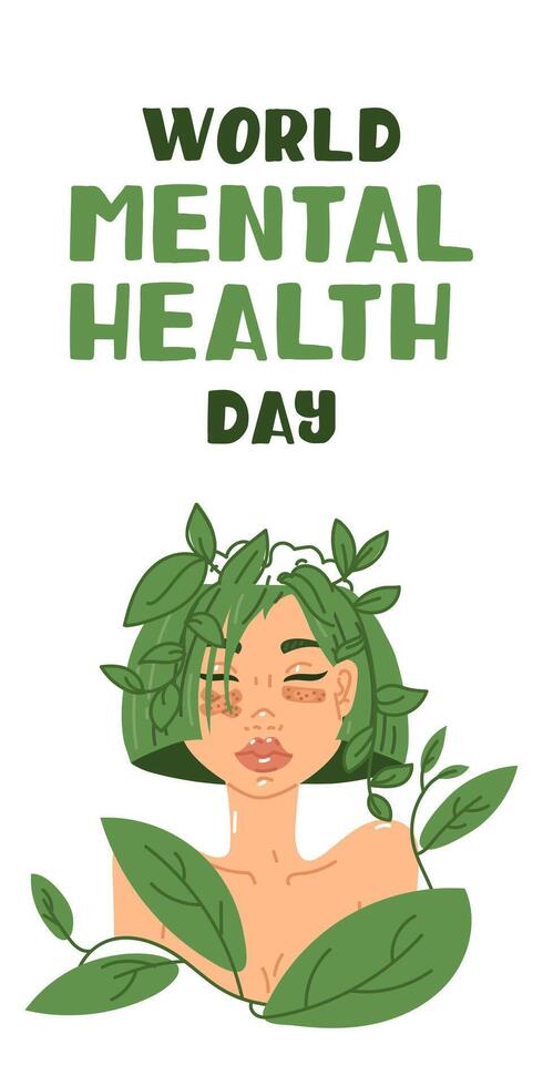 World Mental Health Day of the girl with flowers in her head, October 10. An illustration of a girl with clear thoughts. Flowers grow in my head, on a white background. Contour of the brain is calm vector