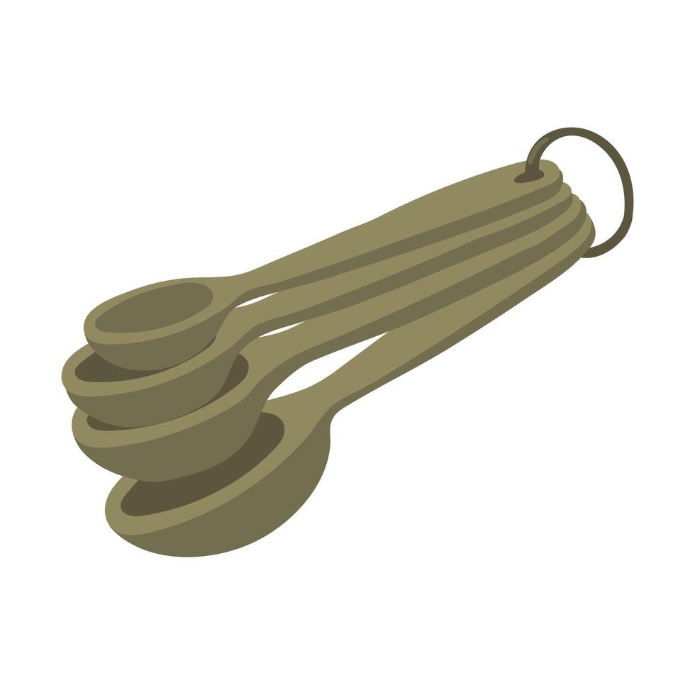 A color illustration of various silicone measuring spoons fastened with a ring, highlighted on a white background. illustration of kitchen utensils for measuring the proportions of metered vector