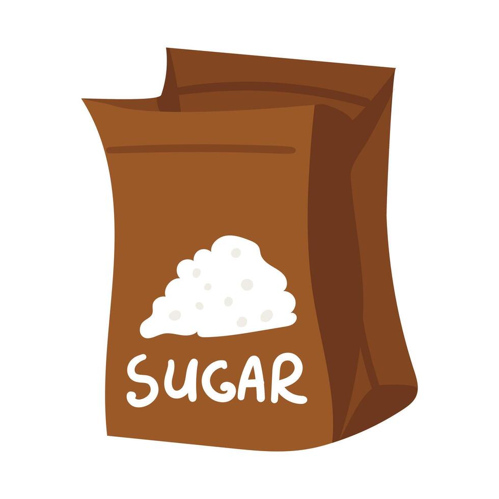 An illustration of a colored brown open paper bag filled with granulated sugar, ready to sweeten your favorite recipes or drinks. An ingredient for making sweet food. Package with the product name vector