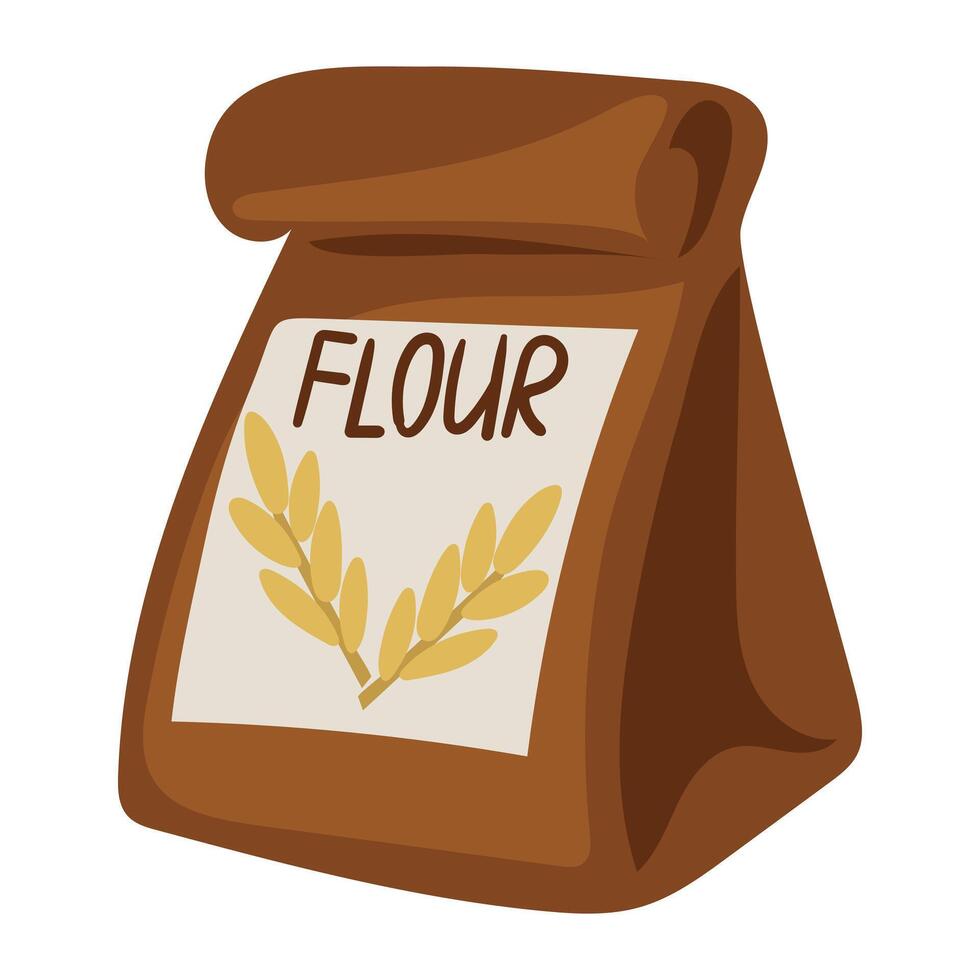 Illustration shows a colored brown closed paper bag filled with flour, which can be used to prepare your favorite dishes and pastries. An ingredient for cooking dishes. Packaging with the product name vector