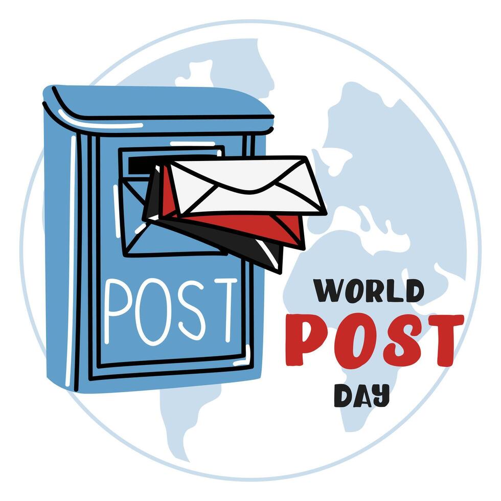 Post Day banner with post box mail box design illustration, World Post Day. World Mail Day. Square banner for the holiday. Blue mailbox accepts mail, letters, parcels on the earth map, white vector