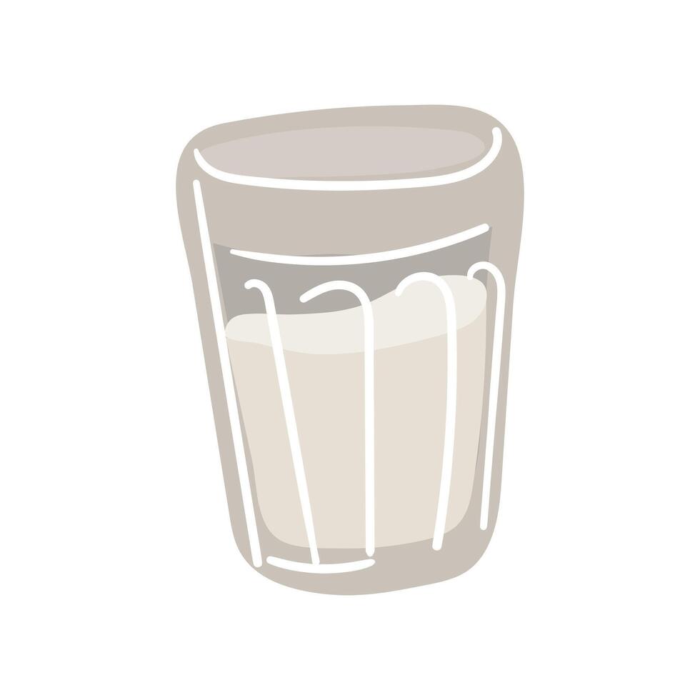 A color illustration of a glass cup filled with milk, ideal for demonstrating the purity and freshness of dairy products. Flat insulated, hand-drawn food items. Liquid, dairy products vector