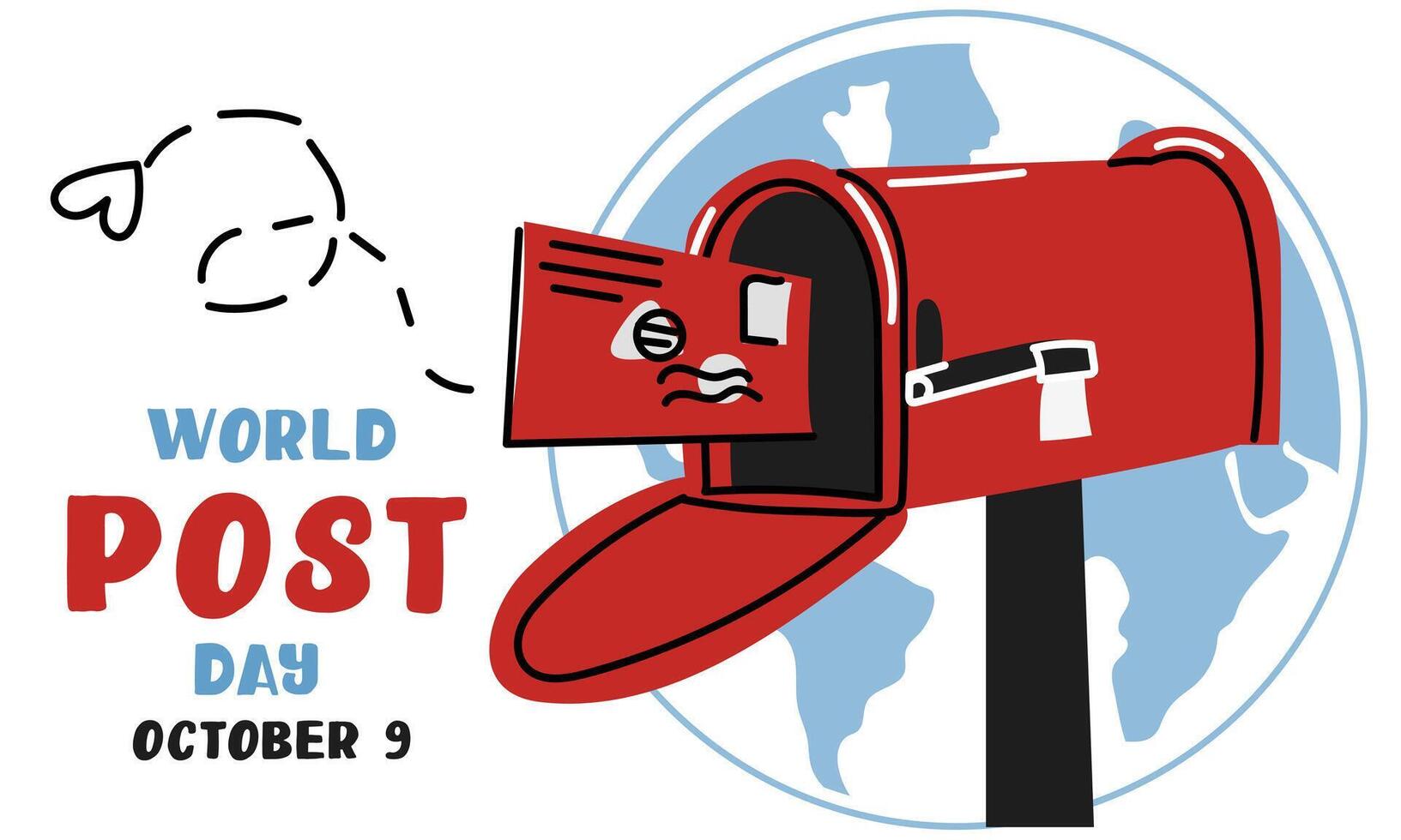 Post Day banner with post box mail box design illustration, World Post Day. World Mail Day. Horizontal banner for the holiday. Red mailbox accepts mail, letters, on background earth map vector