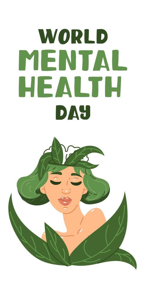 World Mental Health Day of the girl with flowers in her head, October 10. An illustration of a girl with clear thoughts. Flowers grow in my head, on a white. Contour of the brain is calm vector