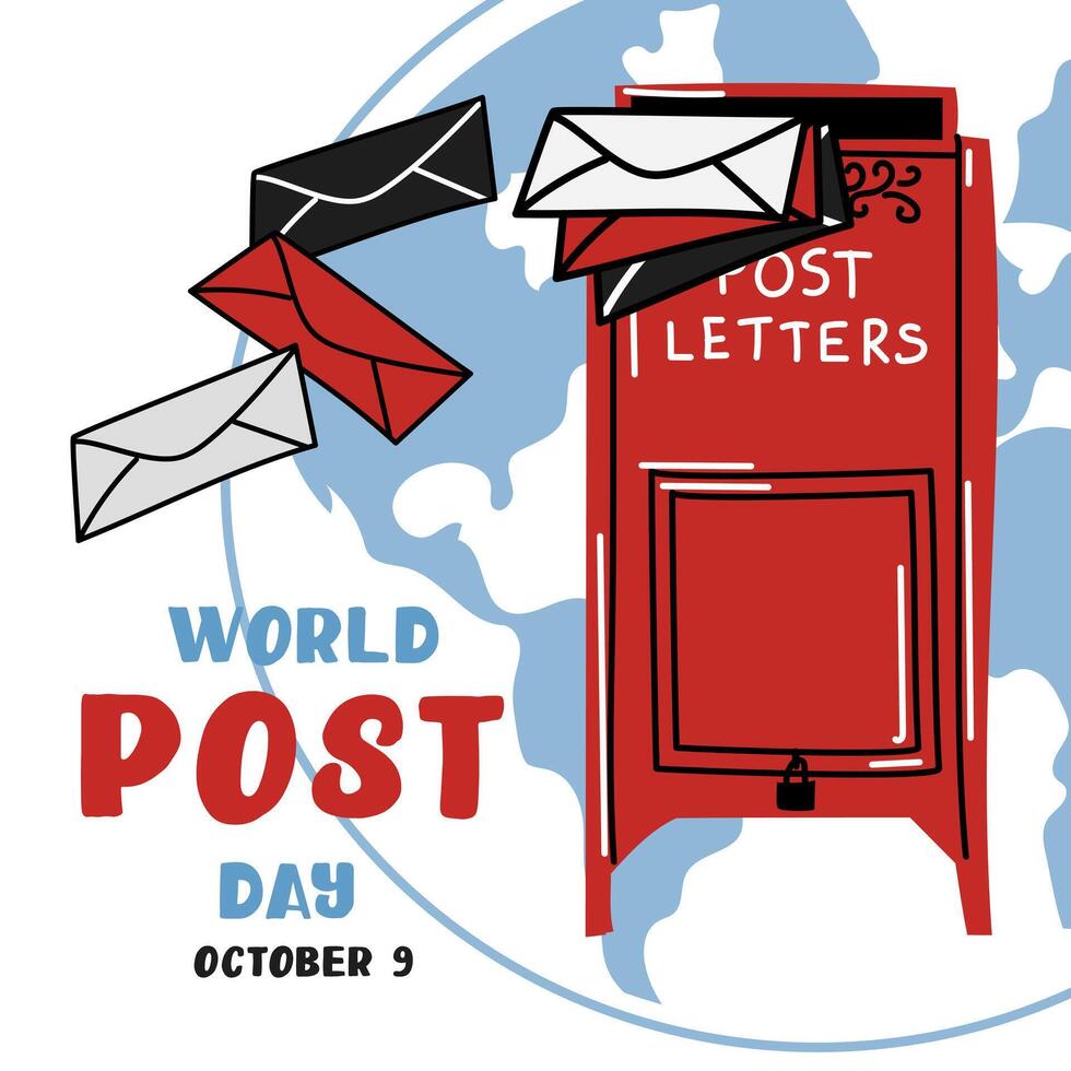 Post Day banner with post box mail box design illustration, World Post Day. World Mail Day. A banner for the holiday. The red mailbox accepts mail, letters, parcels on the earth map, white blue vector
