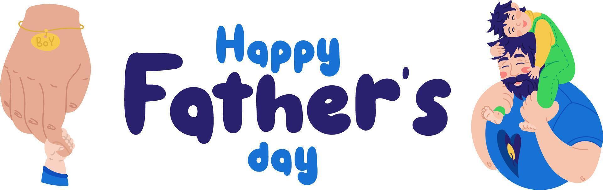 background with happy fathers day, web banner, poster. Dad holds the boy on his shoulders in the heart of the fire. Warm hugs, love, tenderness. A large hand with a bracelet holds a small one vector