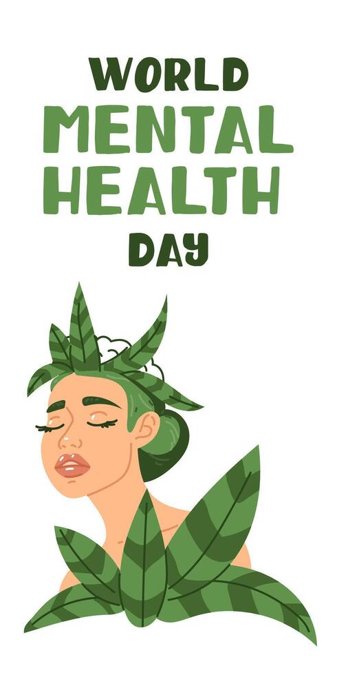 World Mental Health Day of the girl with flowers in her head, October 10. An illustration of a girl with clear thoughts. Flowers grow in my head, on a white. Contour of the brain is calm. Inscription vector