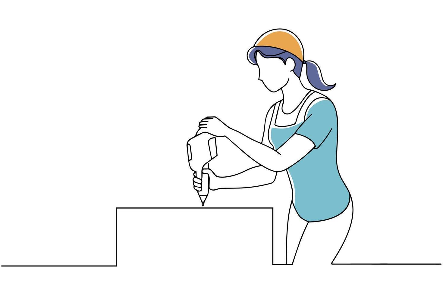 Woman using a drill to work on a piece of wood, Hand drawn offset fill with doodle illustration. vector