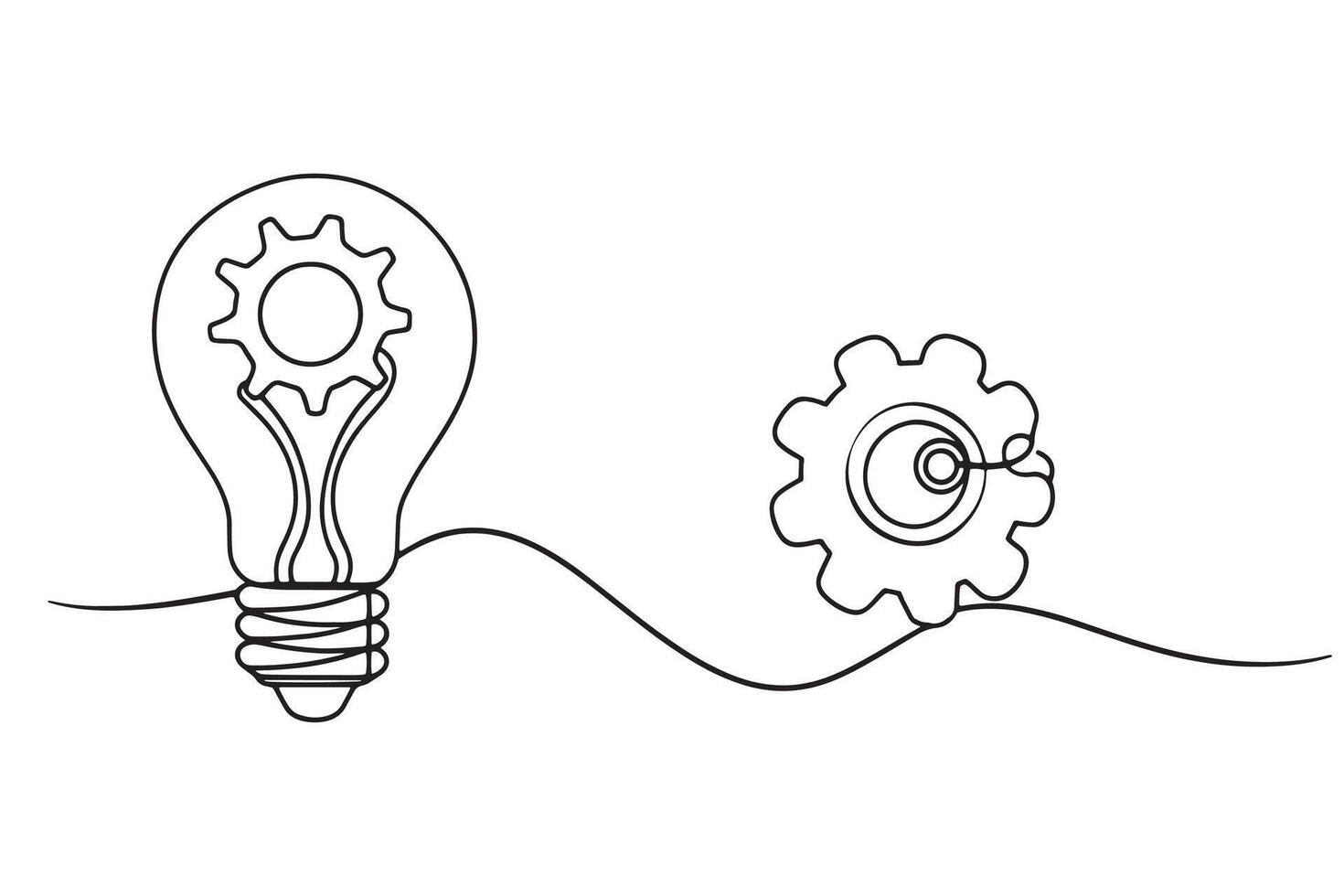 Light bulb and gears with a line drawing of a light bulb, symbolizing innovation and creativity, continuous line art illustration. vector