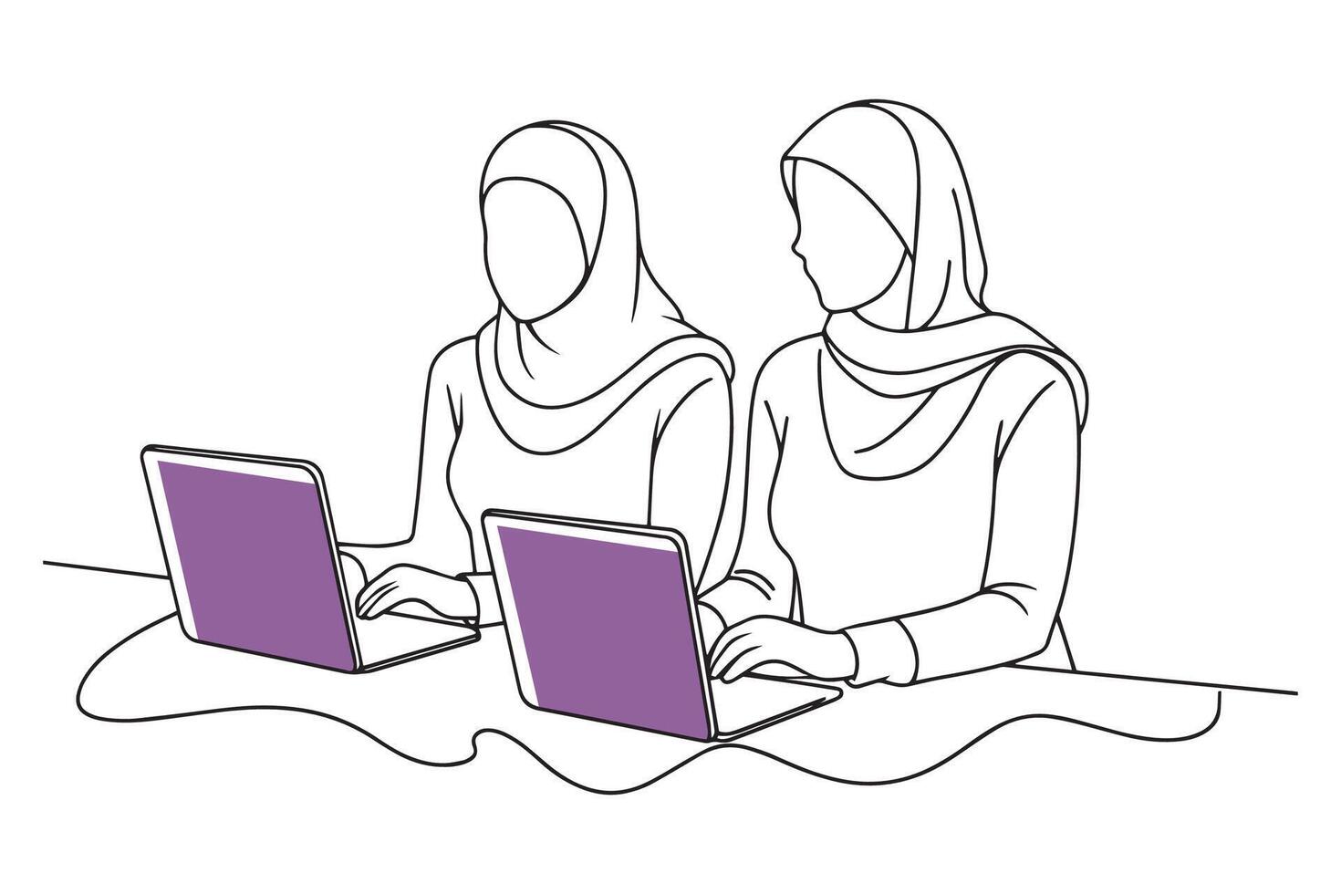 Two Muslim women in hijab sitting at a table, working on a laptop doodle continuous line art illustration on white background. vector