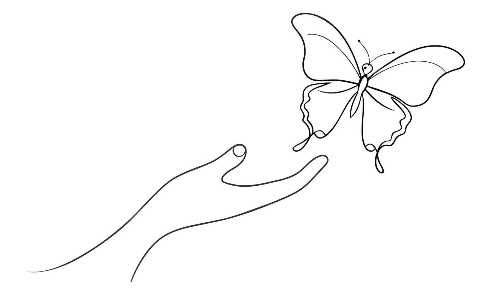 Hand holding butterfly one line continuous line art illustration on white background. vector