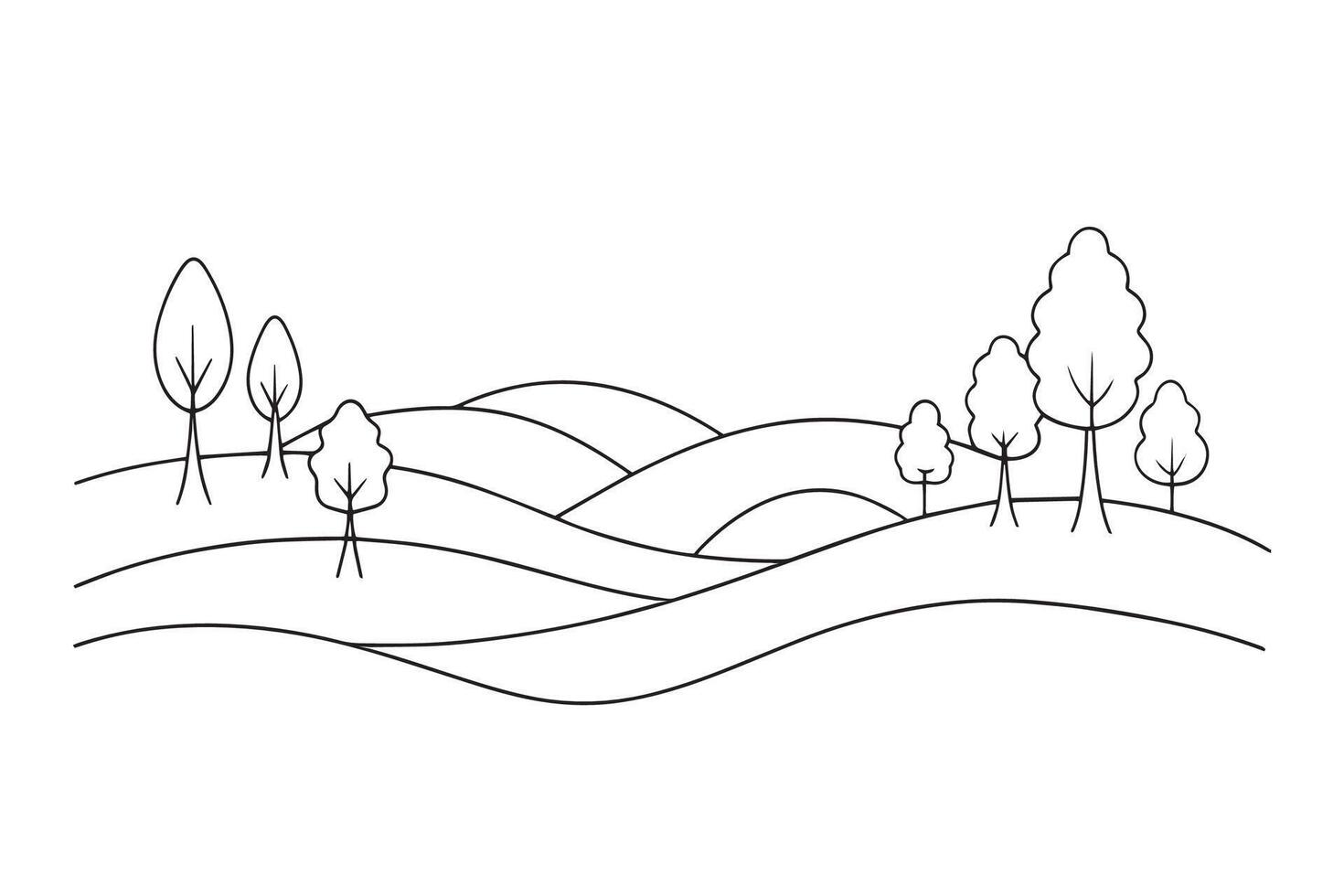 Scenic landscape with trees and rolling hills in a beautiful drawing line with illustration on white background. vector