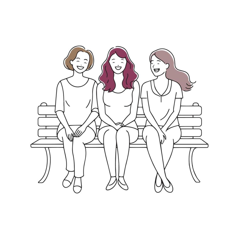 Three women sitting on a bench, laughing together in a park doodle continuous line art illustration vector