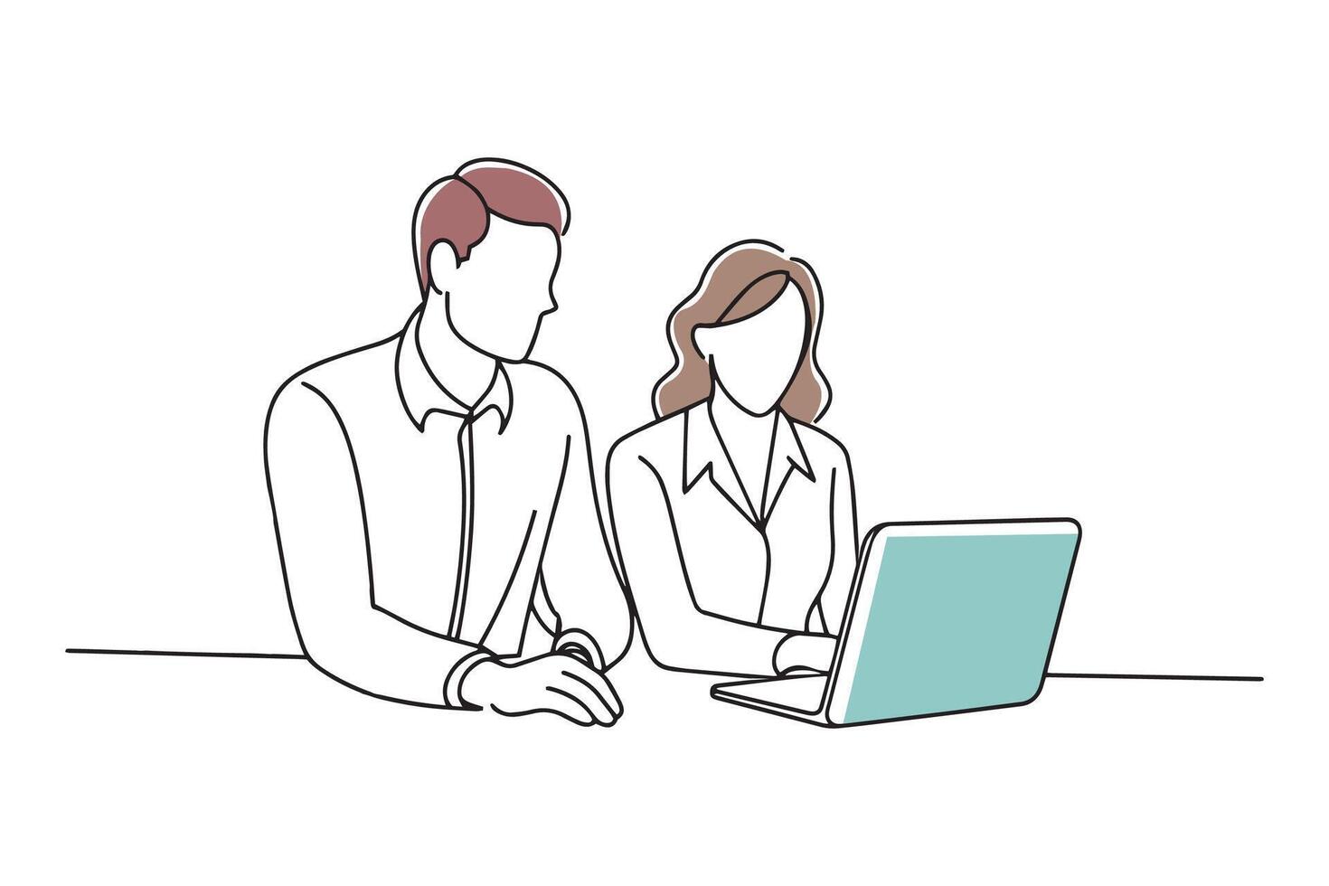 Two individuals collaborating on a computer in an office setting doodle continuous line art illustration vector