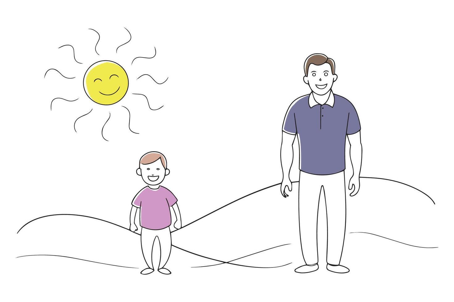 man and a child smiling in the sun doodle continuous line art illustration vector