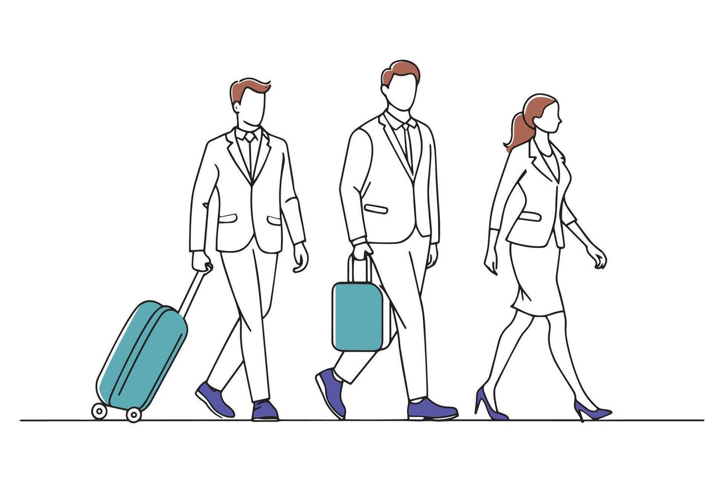 Three business people walking through an airport terminal, Hand drawn offset fill with doodle illustration vector