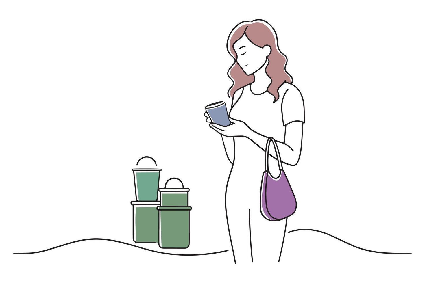 lady standing near a trash can and an empty coffee cup on the floor doodle continuous line art illustration. vector