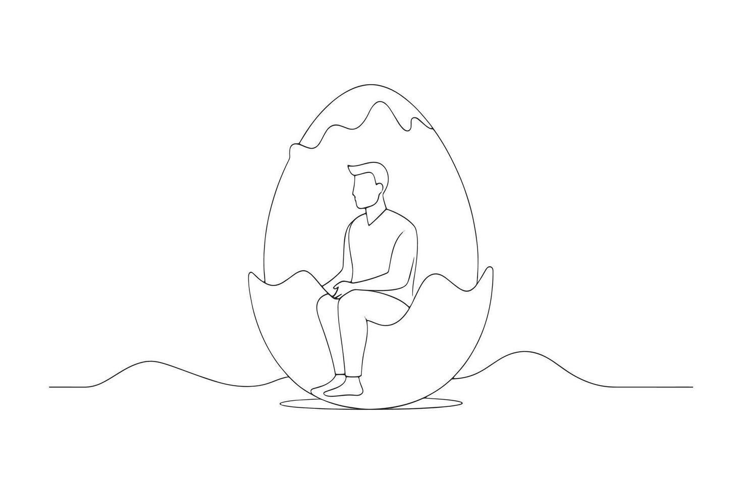 A person sitting in a large egg, surrounded by cracks and light shining through line with illustration on white background. vector