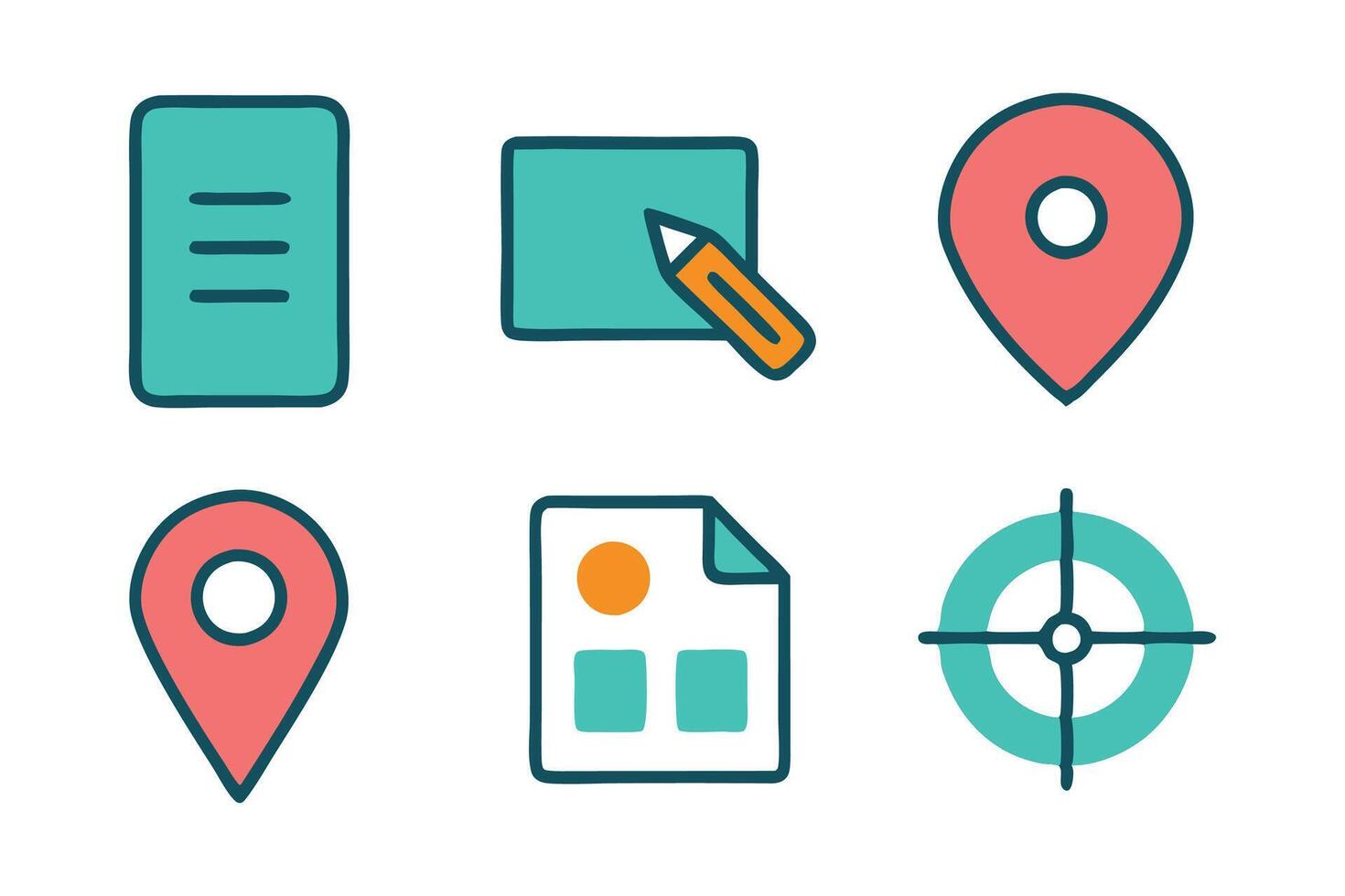 Pin, map, address, point, marker Related Doodle related colorful icon set flat illustration on white background vector