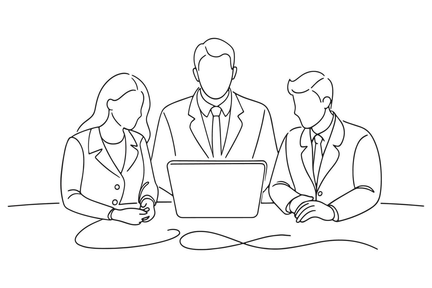 A line drawing of business professionals collaborating on a project line with illustration on white background. vector