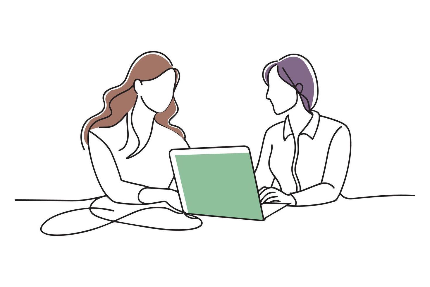 Two women working together at a desk with a laptop doodle continuous line art illustration on white background vector