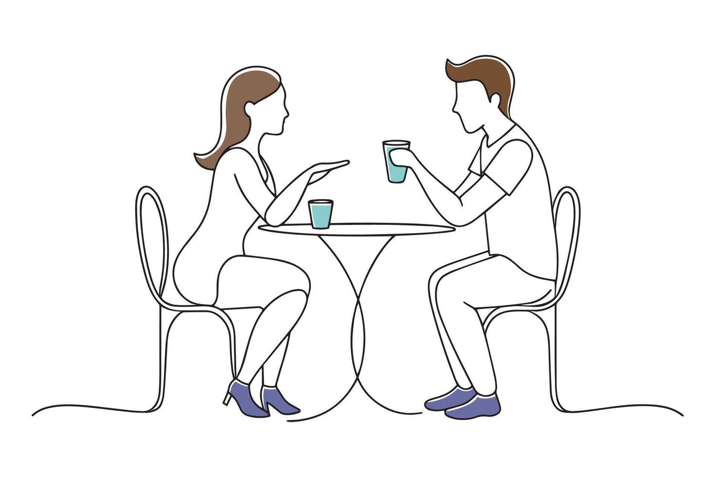 A man and woman sitting at a table, engaged in conversation doodle continuous line art illustration. vector