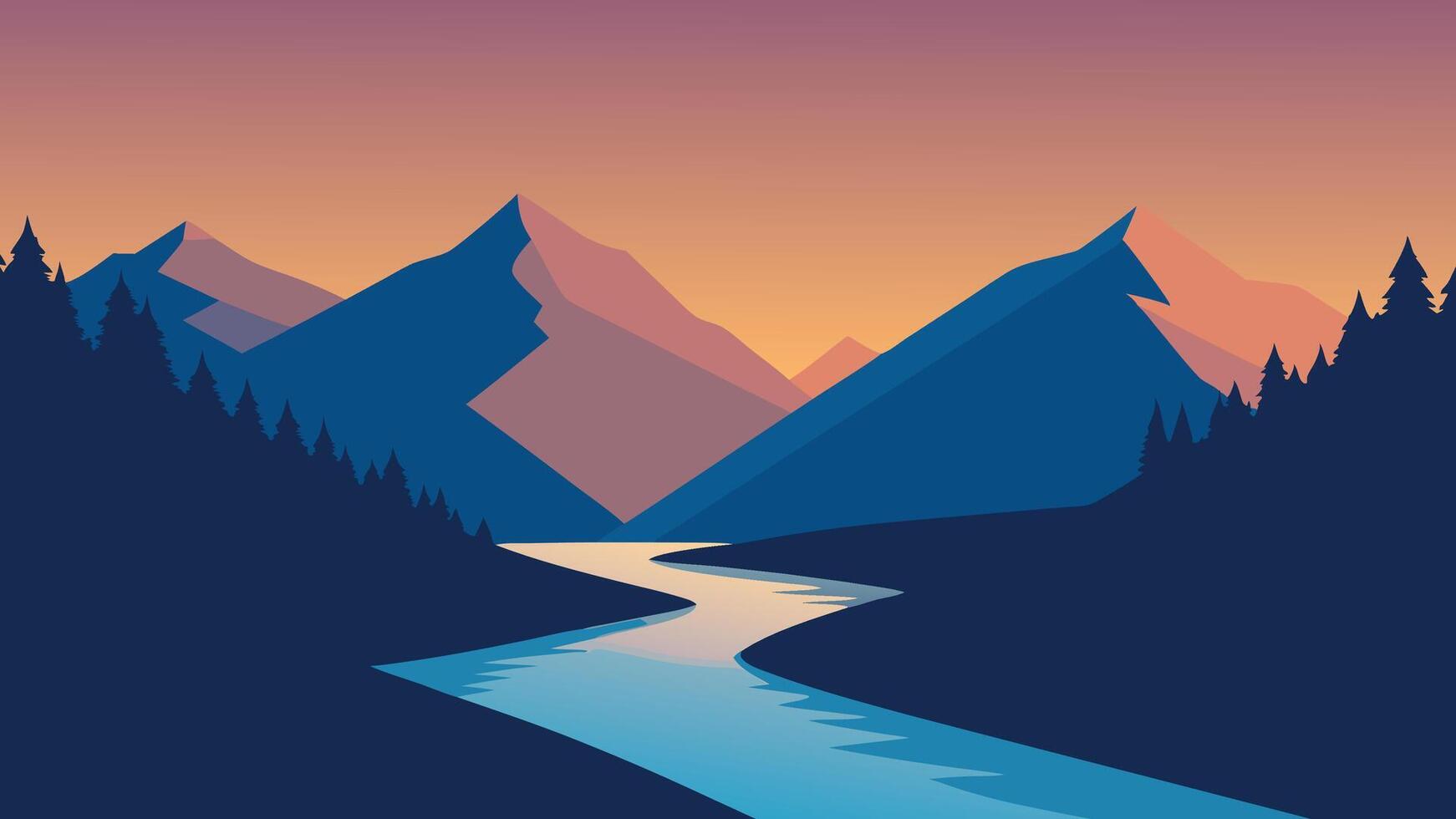 Spring landscape on the river near the mountains. Sunrise flat illustration Nature of background. vector