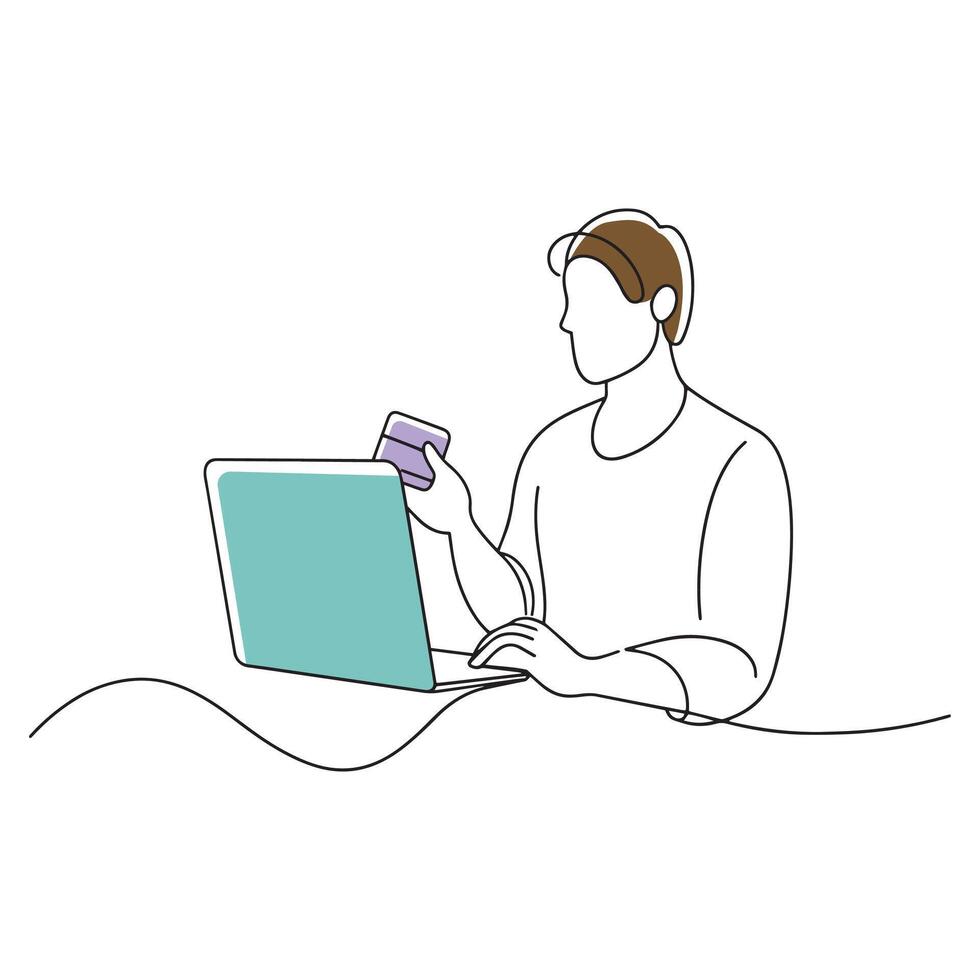 holding credit card, looking at laptop screen flat line illustration on white background. vector