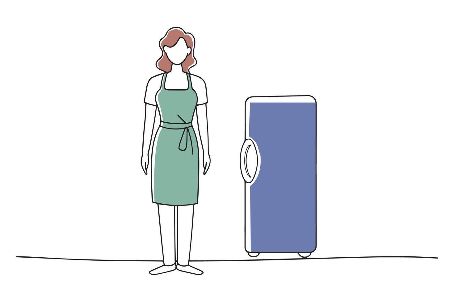 woman in an apron standing in front of a refrigerator doodle continuous line art illustration vector