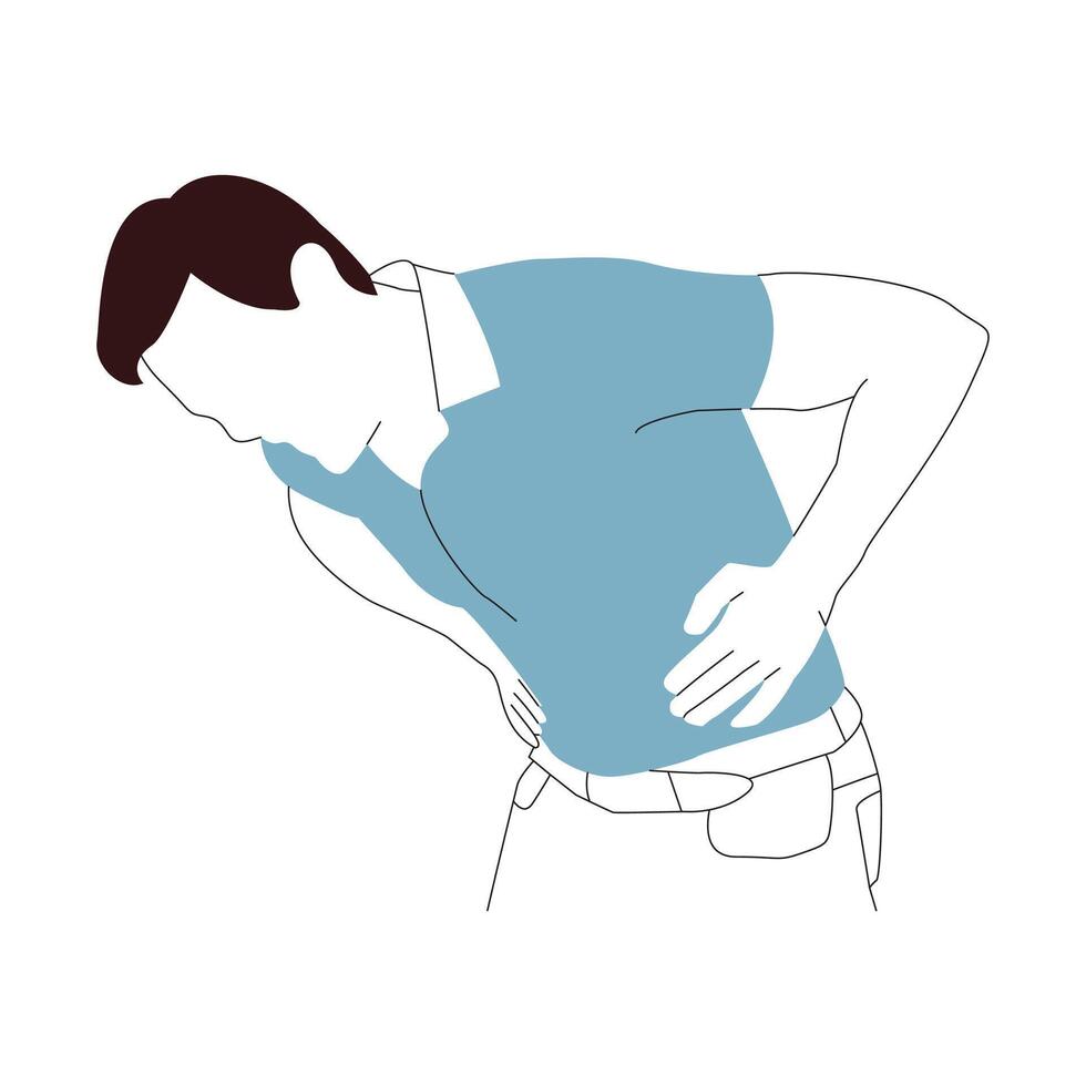 Man grimacing in pain while holding his lower back, Flat Ui design illustration vector